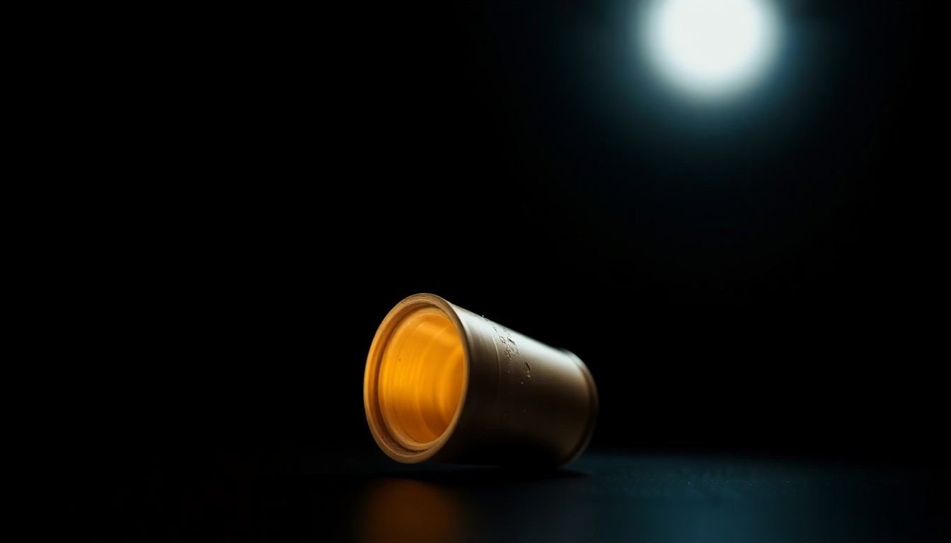 An extreme close-up photograph of a single spent shell casing from a handgun, lit by a harsh, direct camera flash against a pitch-black background, conceptually representing the gunfire that disrupted a recent unpermitted beach gathering on Tybee Island.