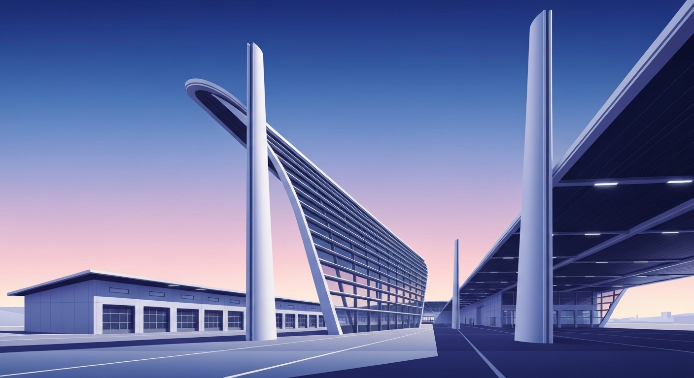 A highly stylized, geometric illustration depicting the grand, streamlined architecture of a modern bus depot facility, with towering forced perspectives and smooth airbrushed gradients conveying a sense of scale and efficiency.