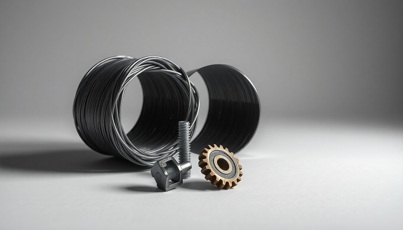 A photorealistic studio still life featuring a coil of steel wire rod, a metal fastener, and a gear or cog arranged elegantly on a clean, monochromatic background, symbolizing the industrial materials and trade dynamics at the center of this case.