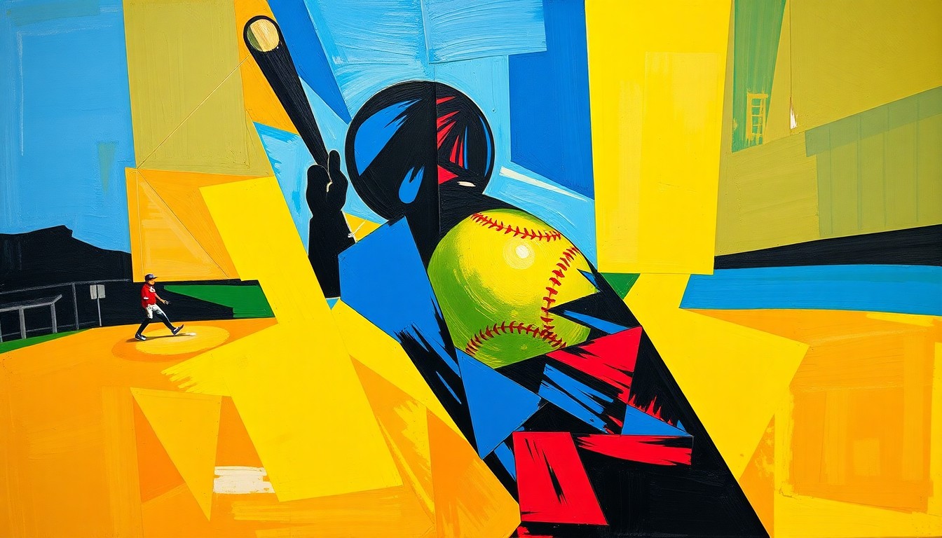 A fractured, cubist-style painting depicting the silhouette of a softball player in the act of swinging, with the ball, bat, and field broken down into sharp, overlapping geometric shapes in a vibrant color palette.