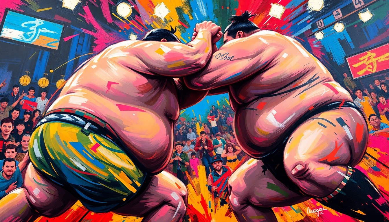 A vibrant, expressionist painting in neon colors depicting the powerful, fluid movements of sumo wrestlers engaged in a dramatic match, conceptually representing the sport's transition to a modern, theatrical 'fight-night' atmosphere.