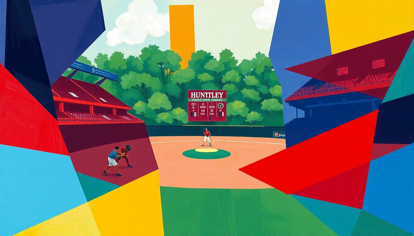 A fractured, multi-perspective painting in vibrant colors depicting the action and movement of a college softball game, with the players and field broken down into sharp, overlapping geometric shapes.