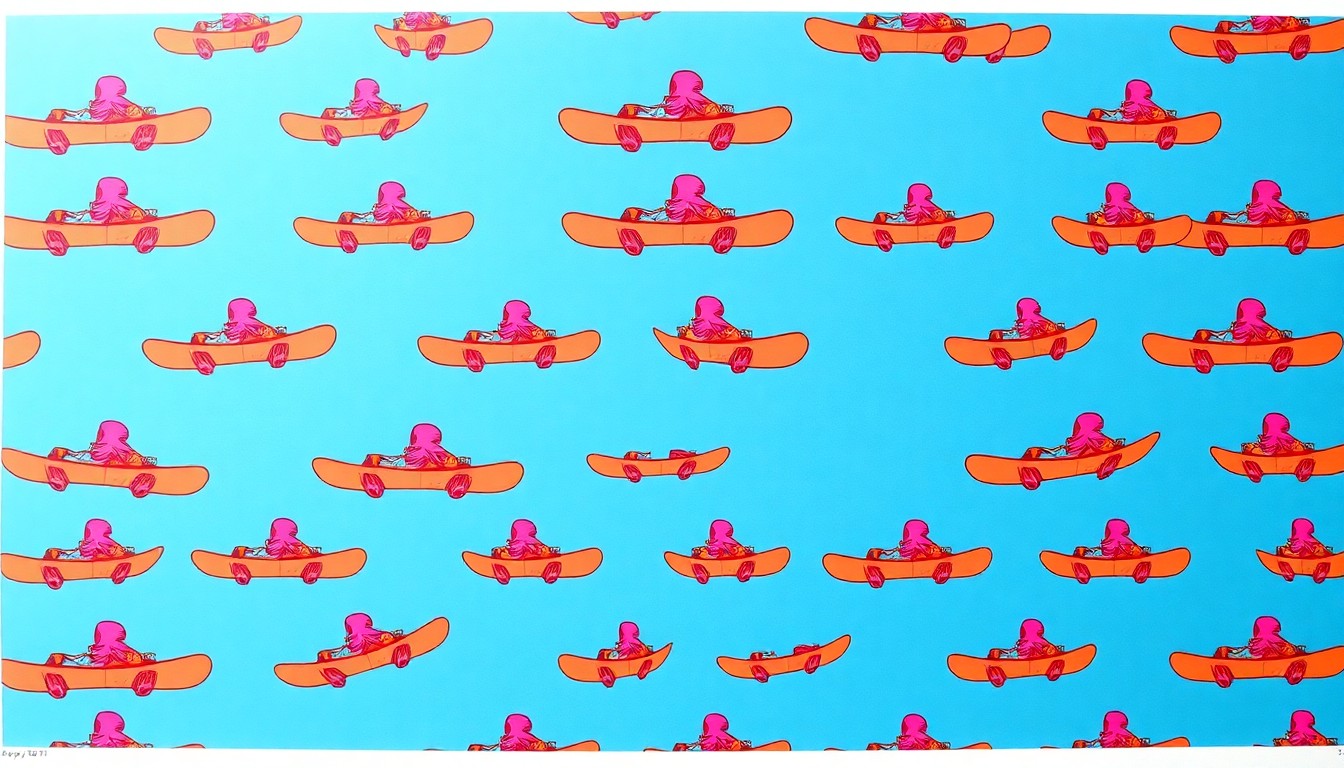 A high-contrast silkscreen print of a snowboard repeated in a grid pattern, using a bright neon color palette to capture the energy and passion of outdoor recreation.