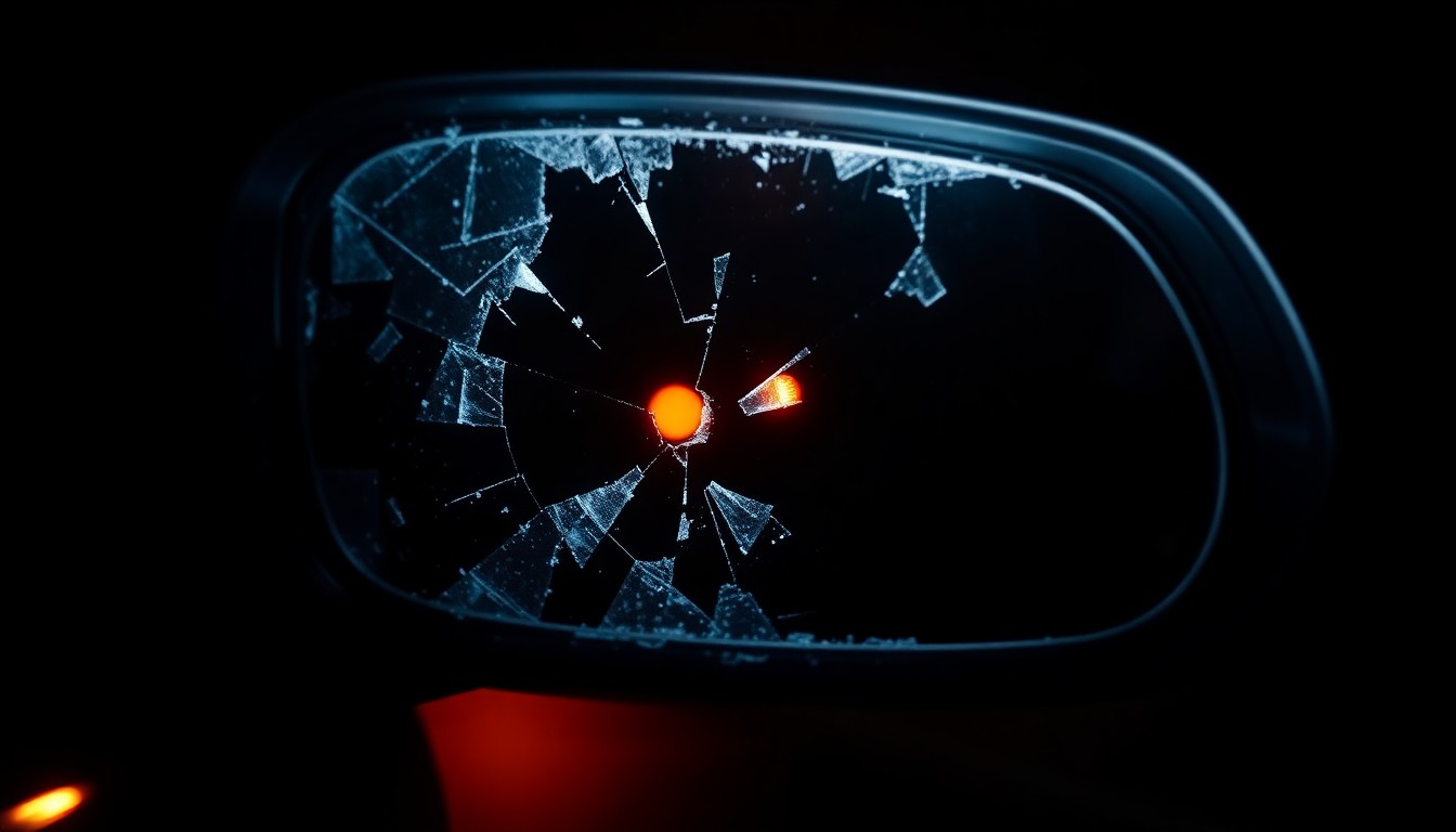 An extreme close-up photograph of a shattered car side mirror reflecting the faint glow of taillights, conceptually representing the aftermath of a road rage incident.