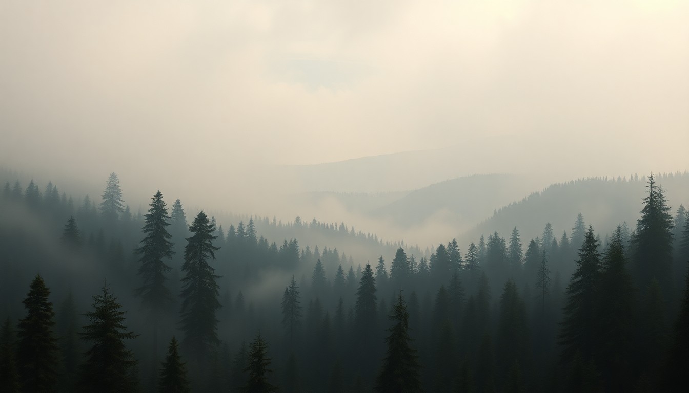 A sweeping, atmospheric landscape painting in muted greens, grays, and blues, depicting a dense forest with towering pine trees shrouded in mist, the distant silhouette of a mountain range barely visible on the horizon, conveying a sense of the overwhelming, sublime scale of the natural world.