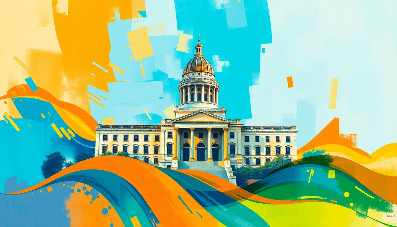 A dynamic, abstract painting featuring overlapping geometric shapes and waves of vibrant colors in shades of blue, orange, and green, conceptually representing the shifting political landscape in Florida.