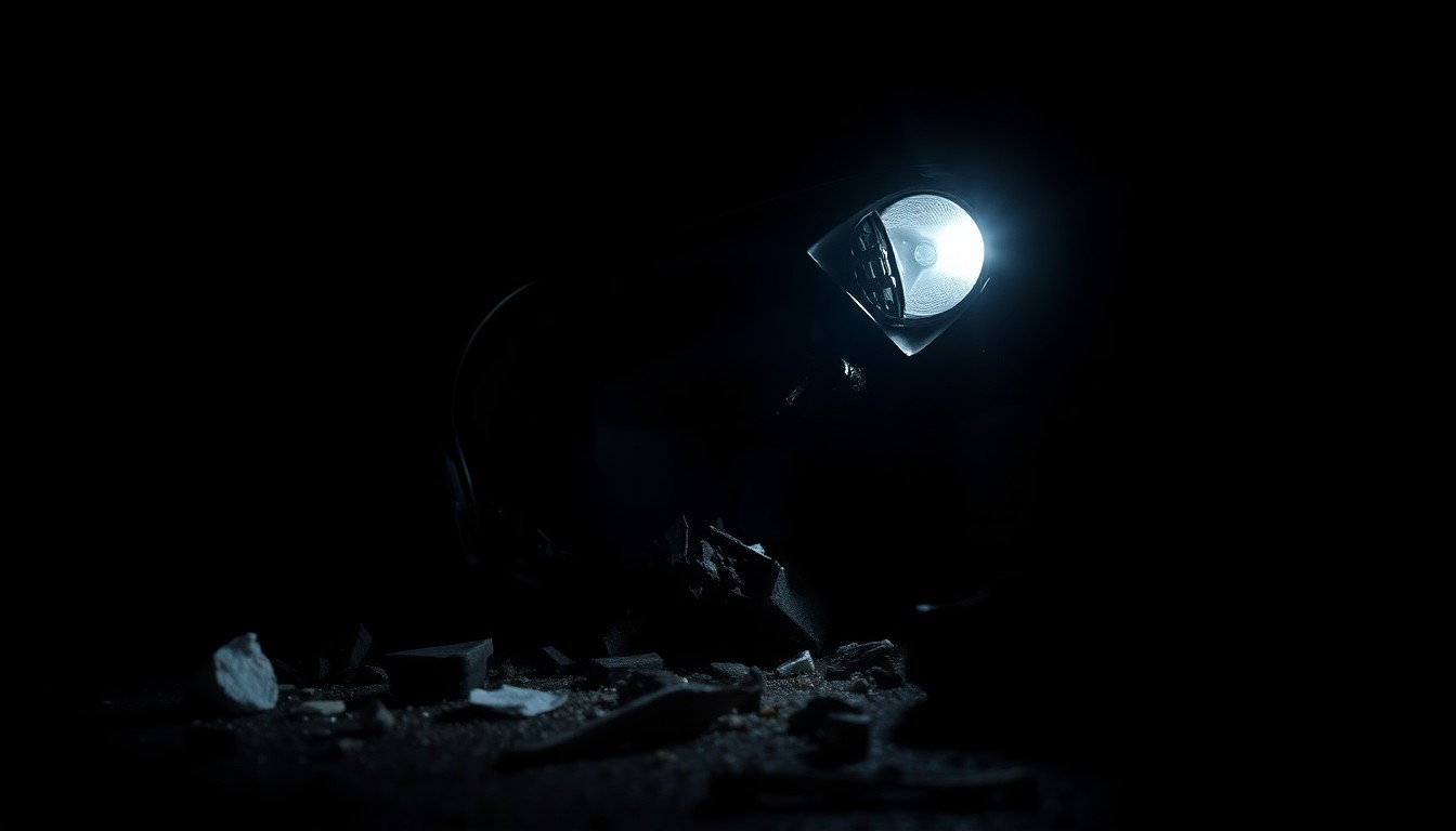 An extreme close-up of a damaged car part or debris, lit dramatically with a harsh flash against a dark background, conveying the serious and investigative nature of the incident.