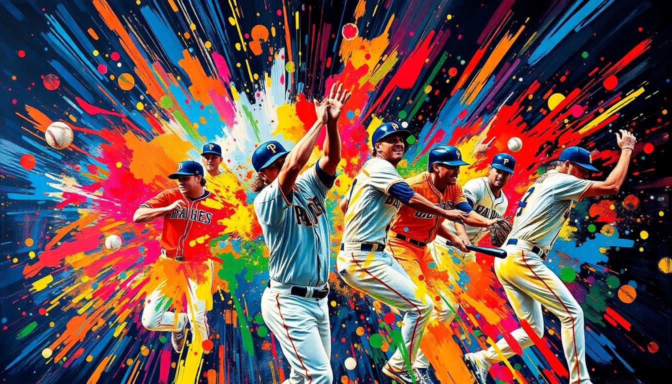 An abstract expressionist painting in vibrant neon colors, with dynamic brushstrokes capturing the frenetic energy of a baseball game, players' forms dissolving into a blur of motion and color.