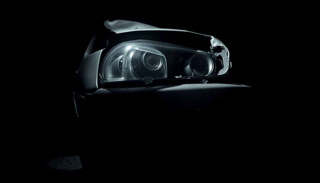 An extreme close-up photograph of a damaged car part or piece of physical evidence from the crash site, lit by a harsh, direct camera flash against a pitch-black background, conveying the stark, gritty, and investigative nature of the incident.