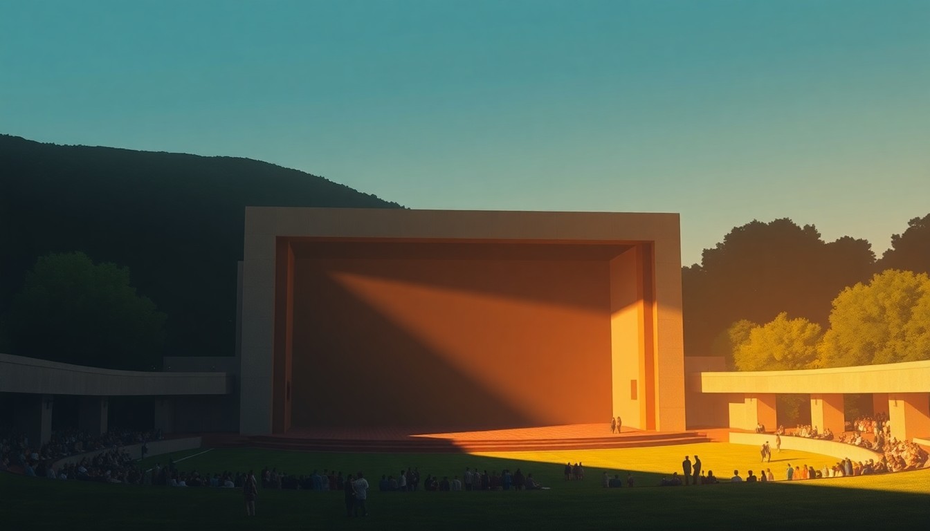 A serene, cinematic painting depicting an open-air amphitheater stage with a small crowd gathered on the lawn, the scene bathed in warm, diagonal sunlight and deep shadows, conceptually representing the plans for public amenities in the Village Point development.
