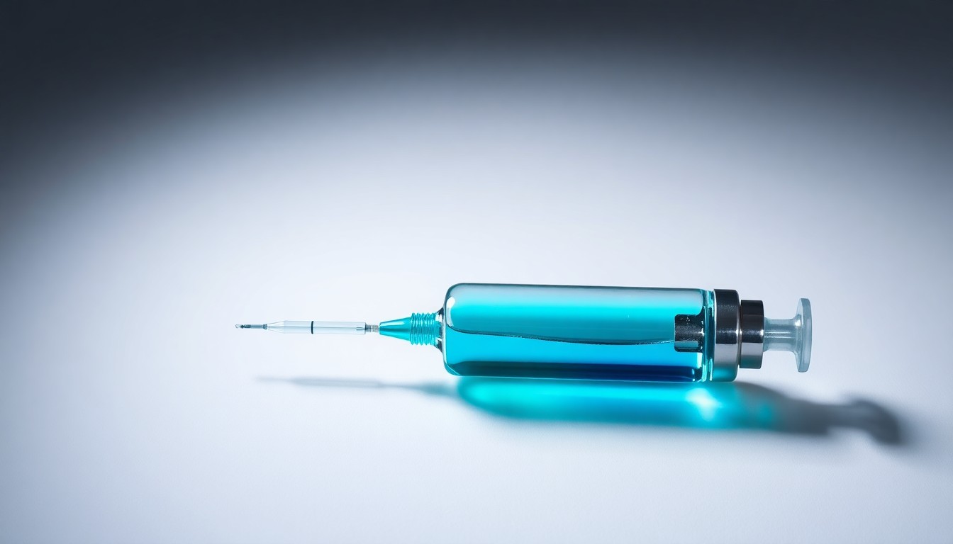 A photorealistic studio still-life image of a single glass syringe filled with a vibrant blue-green liquid, symbolizing the advanced medical technology behind the Epioxa pharmaceutical product for treating keratoconus.