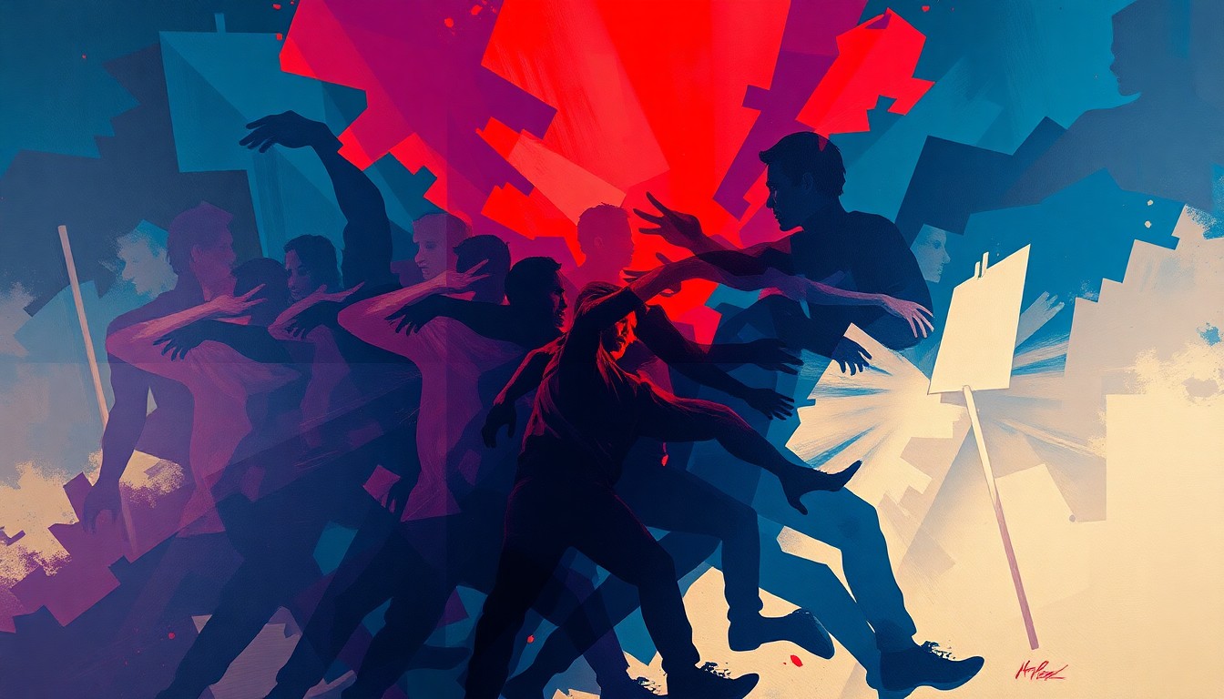 A fractured, abstract painting of a person in motion, their body repeated in overlapping waves of deep blue, violet, and crimson, conveying the chaos and violence of a protest confrontation.