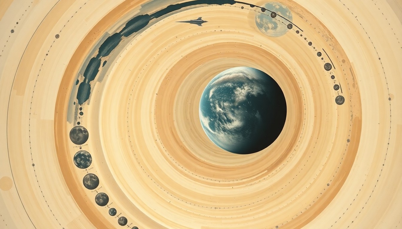 A bold, abstract painting in muted earth tones depicting the Orion spacecraft orbiting the Moon and Earth, with sweeping geometric arcs and precise spiral forms conveying the structural order of the universe.