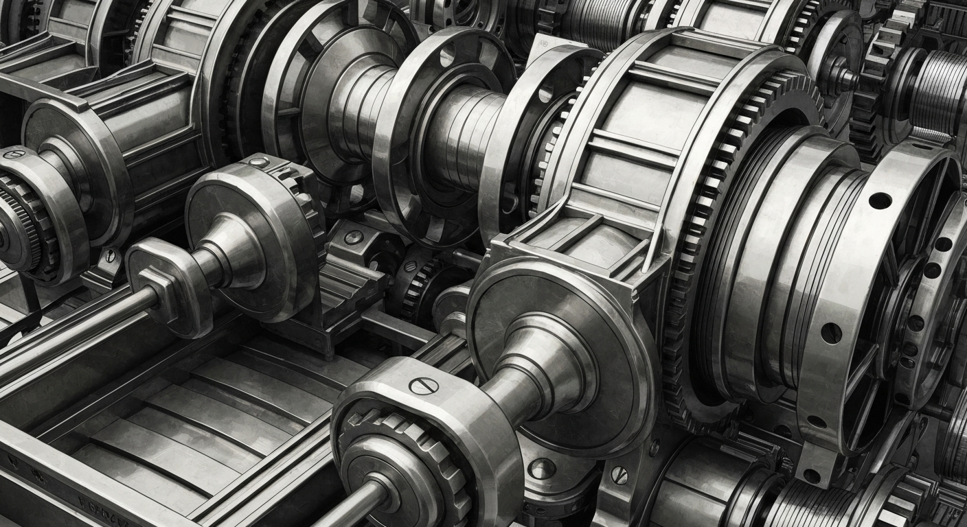 An extreme close-up of intricate, metallic banking machinery and mechanisms, conveying a sense of financial security, institutional strength, and stored wealth without depicting literal currency or charts.