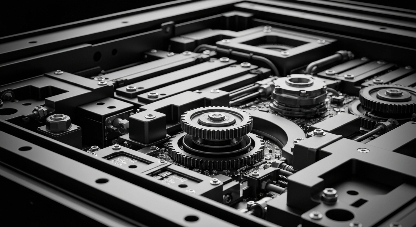 A high-contrast, close-up black and white photograph of the intricate machinery and gears inside an electric vehicle battery pack, conveying the technical complexity and industrial nature of Tesla's clean energy technology.