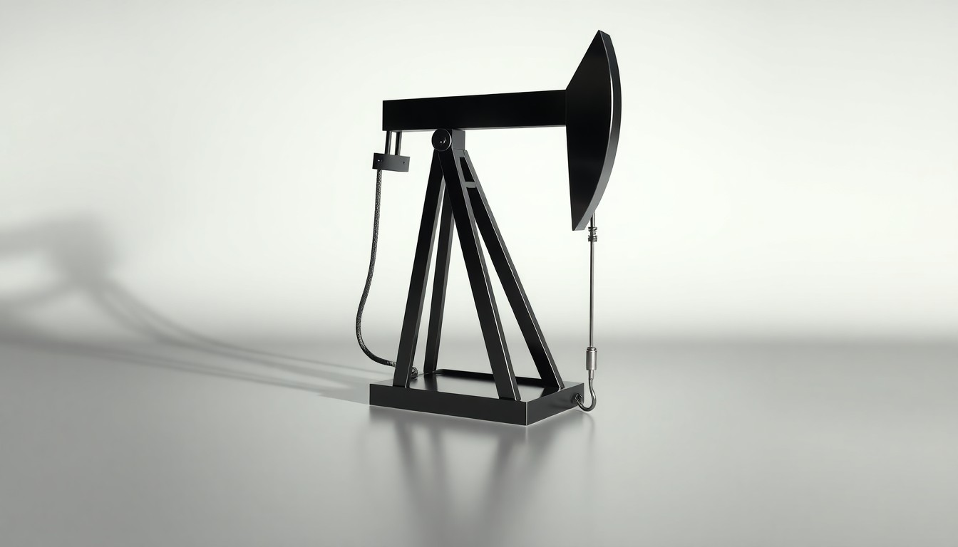 A highly polished, metallic sculpture in the shape of an oil pump jack, dramatically lit against a clean, monochromatic background, conveying the abstract concept of energy market volatility.