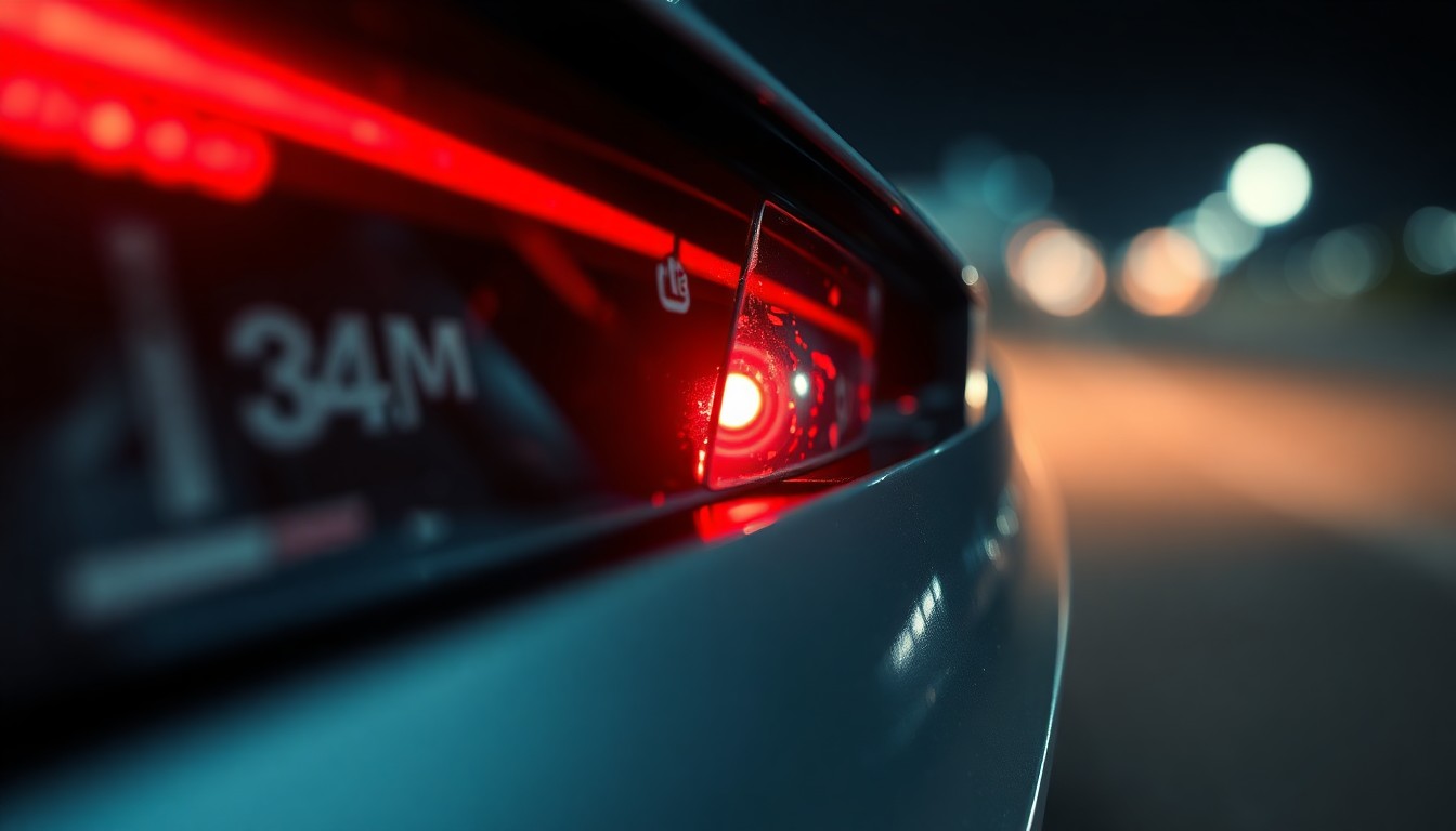 An extreme close-up photograph of a shattered car sensor lens reflecting a faint red light, conceptually representing the aftermath of a high-speed collision.