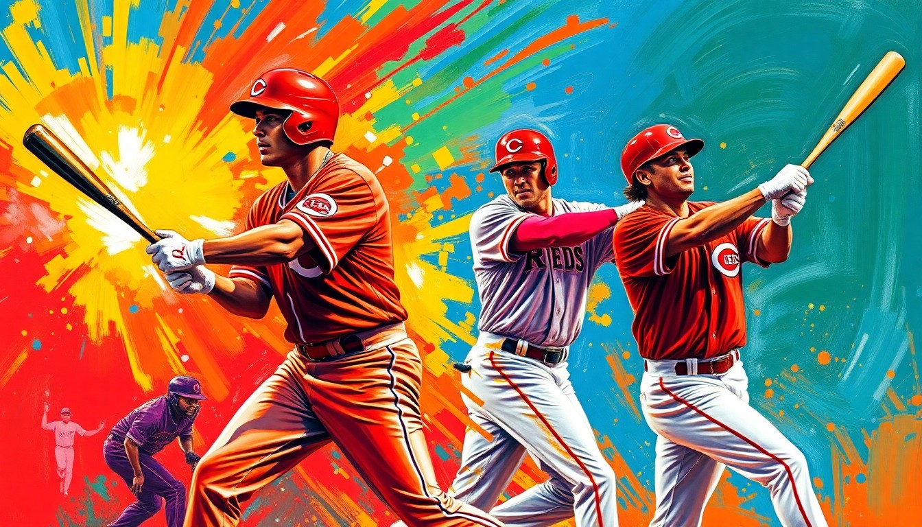 An abstract, energetic painting in vibrant neon colors, capturing the powerful swings and home run celebrations of Cincinnati Reds players in motion, with no identifiable faces or logos.