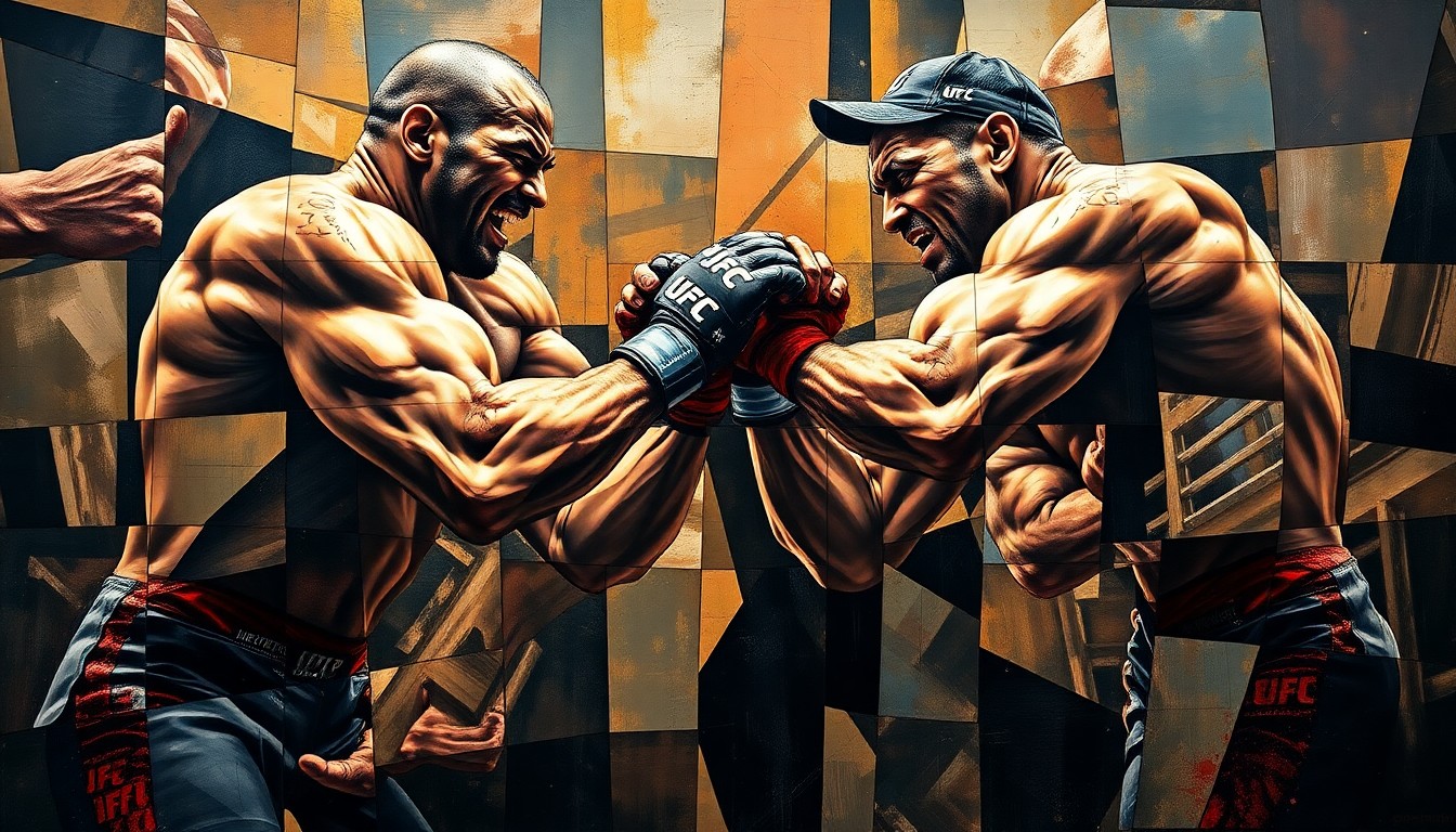 A fragmented, geometric painting depicting the intense physical action of a UFC heavyweight fight, with overlapping planes of muscular forms, blood, and sweat, conveying the raw energy and violence of the contest.