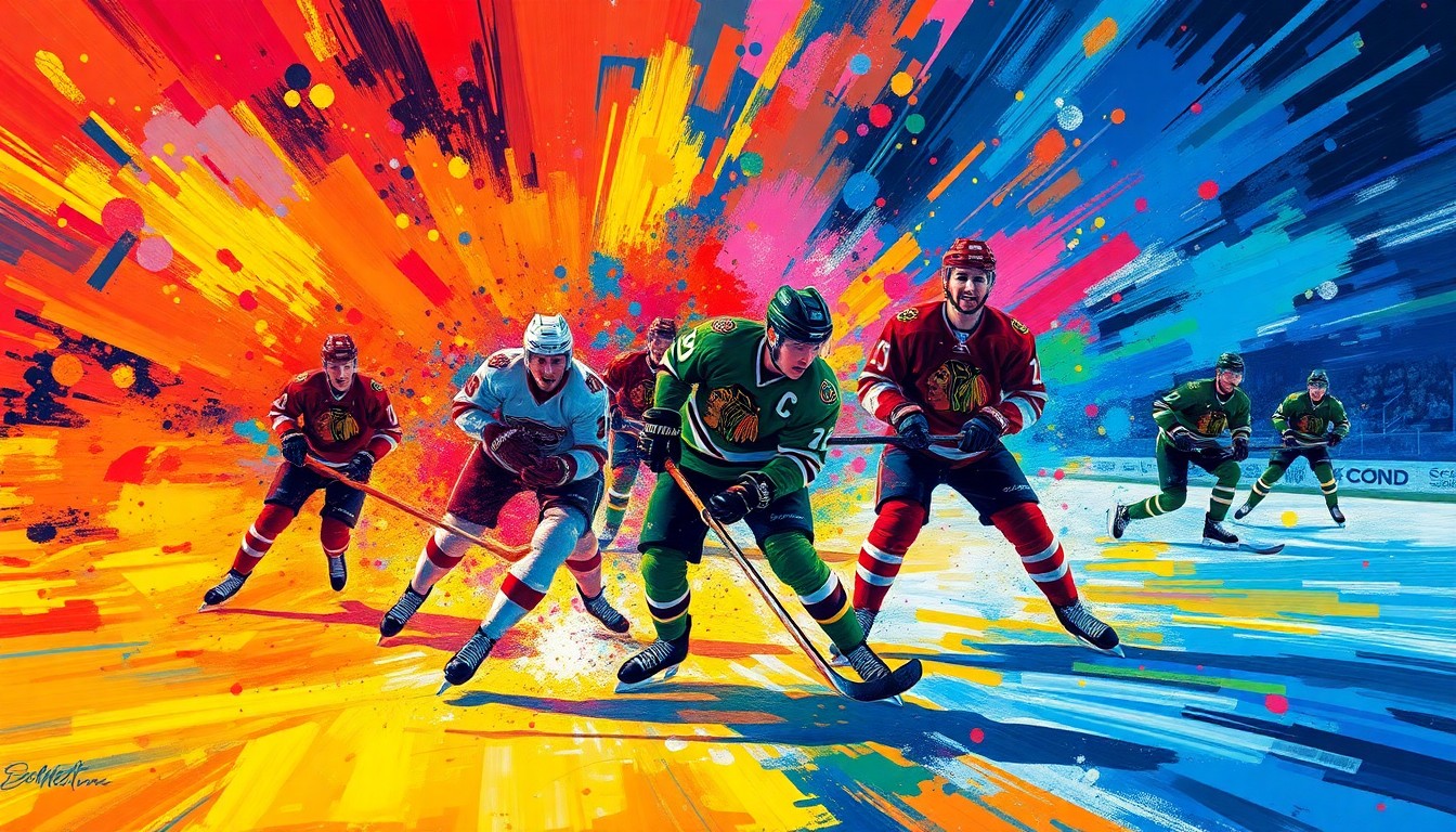 An abstract, energetic painting in neon colors depicting the fast-paced action of a professional hockey game, with players' forms blending together in a dynamic, expressionist style.