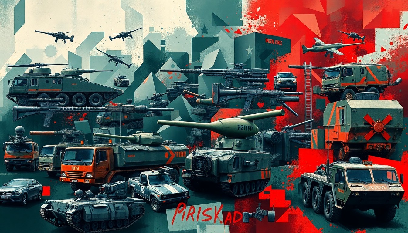 A vibrant, abstract painting depicting fragmented images of tanks, missiles, and factory machinery in a chaotic, overlapping composition, conveying the dynamic nature of the U.S. government's efforts to expand domestic military production.