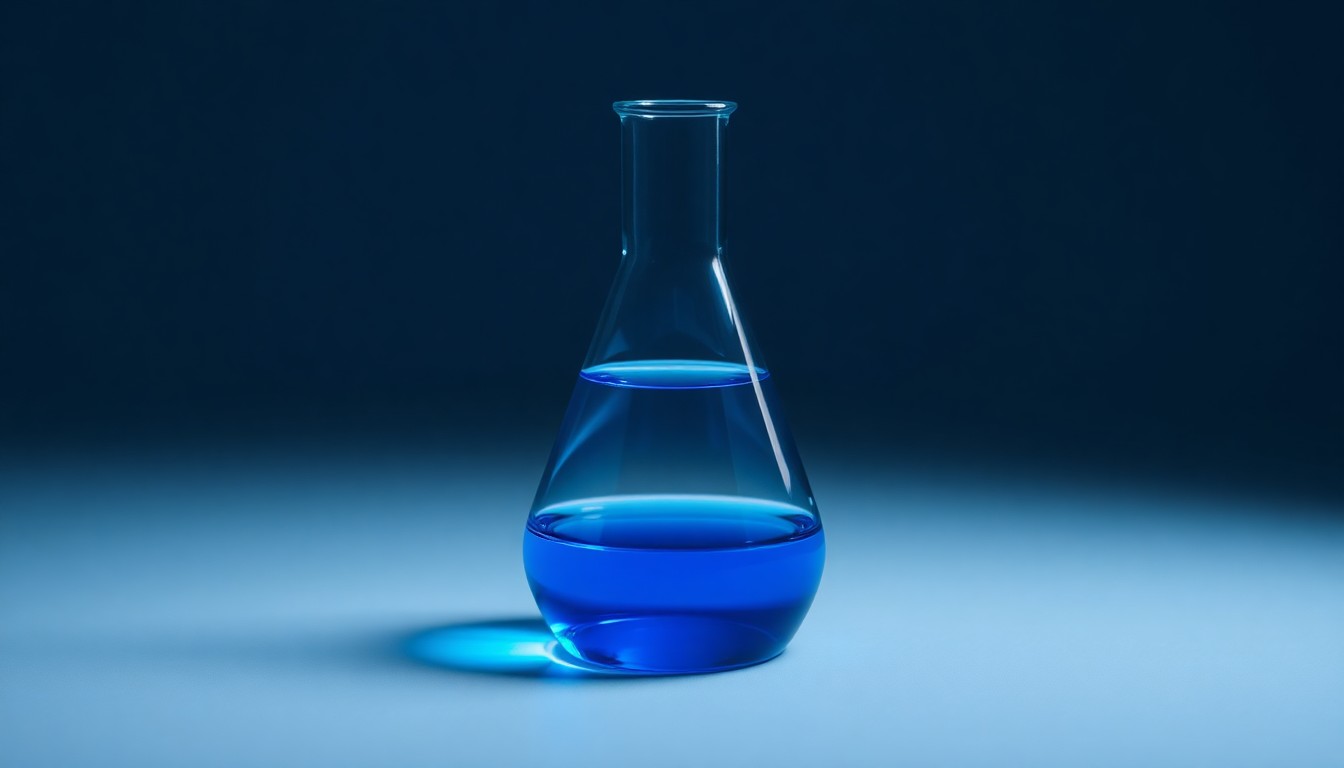 A photorealistic studio still-life image featuring a polished, geometric glass beaker filled with a vibrant blue liquid, symbolizing the precision and innovation of QuidelOrtho's diagnostic products. The beaker is placed on a clean, monochromatic background, using dramatic lighting and shadows to convey the company's commitment to advancing diagnostics.