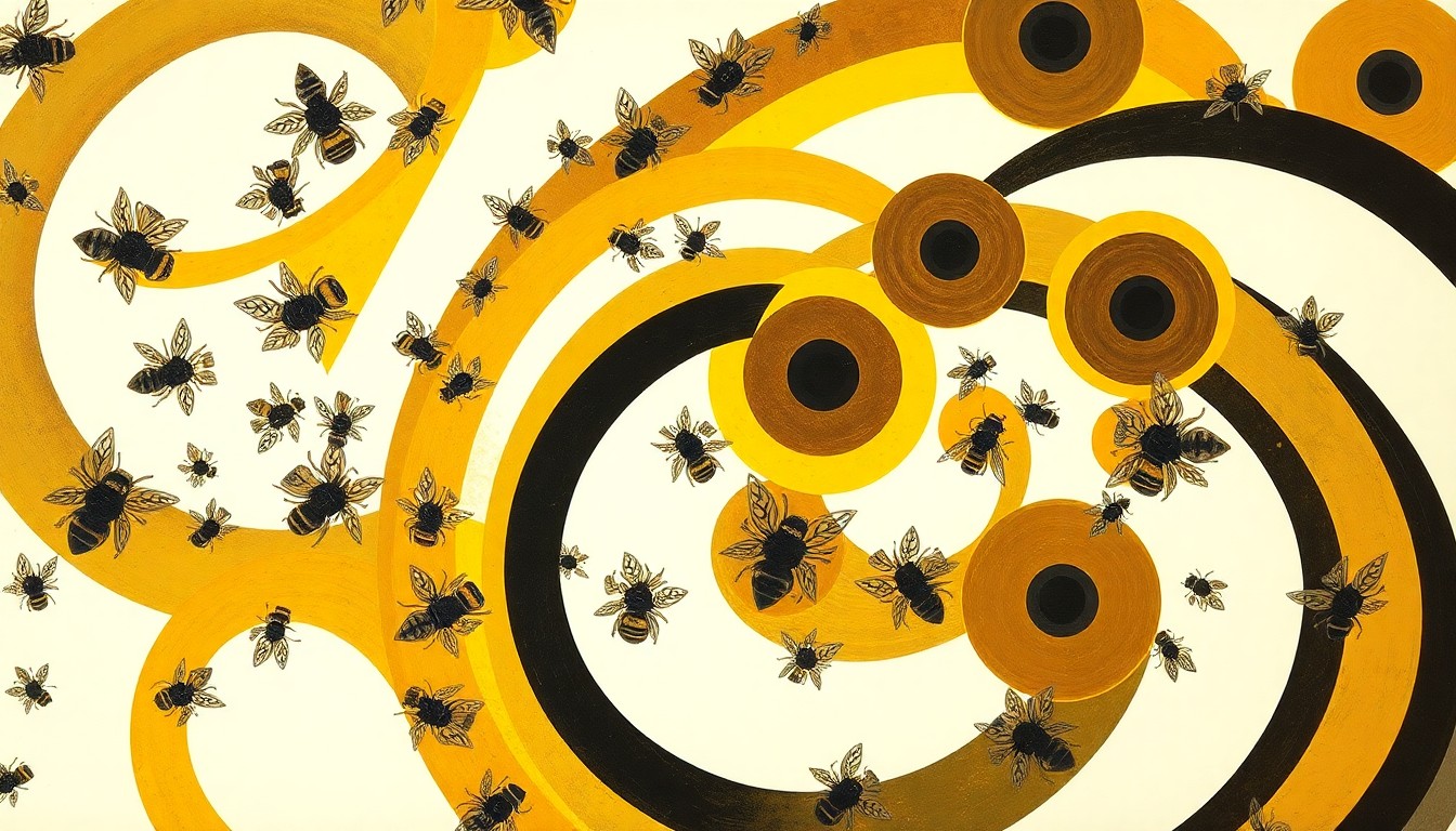 An abstract, geometric painting in the style of Hilma af Klint, depicting a complex, interlocking pattern of sweeping arcs and concentric circles in shades of yellow, black, and brown, conceptually representing a massive swarm of bees.