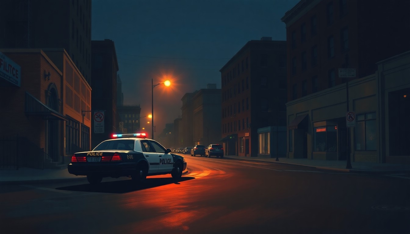 A cinematic painting of a solitary police car parked on a dimly lit downtown street, with warm sunlight and deep shadows creating a pensive, nostalgic mood.