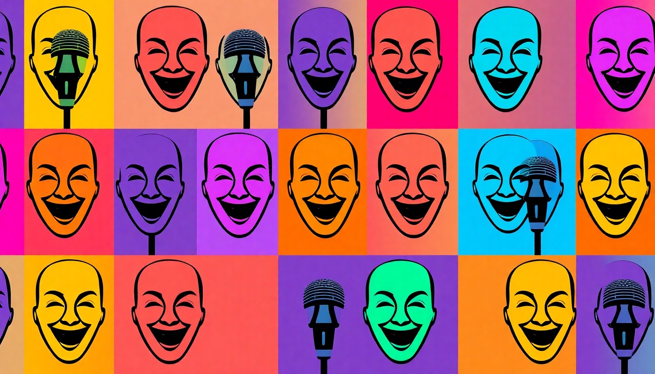 A vibrant, high-contrast silkscreen print featuring repeated icons of a microphone and comedy mask in a grid pattern, using bold neon colors and heavy black outlines to conceptually represent the edgy, boundary-pushing comedy of the 'We Might Offend You' tour.