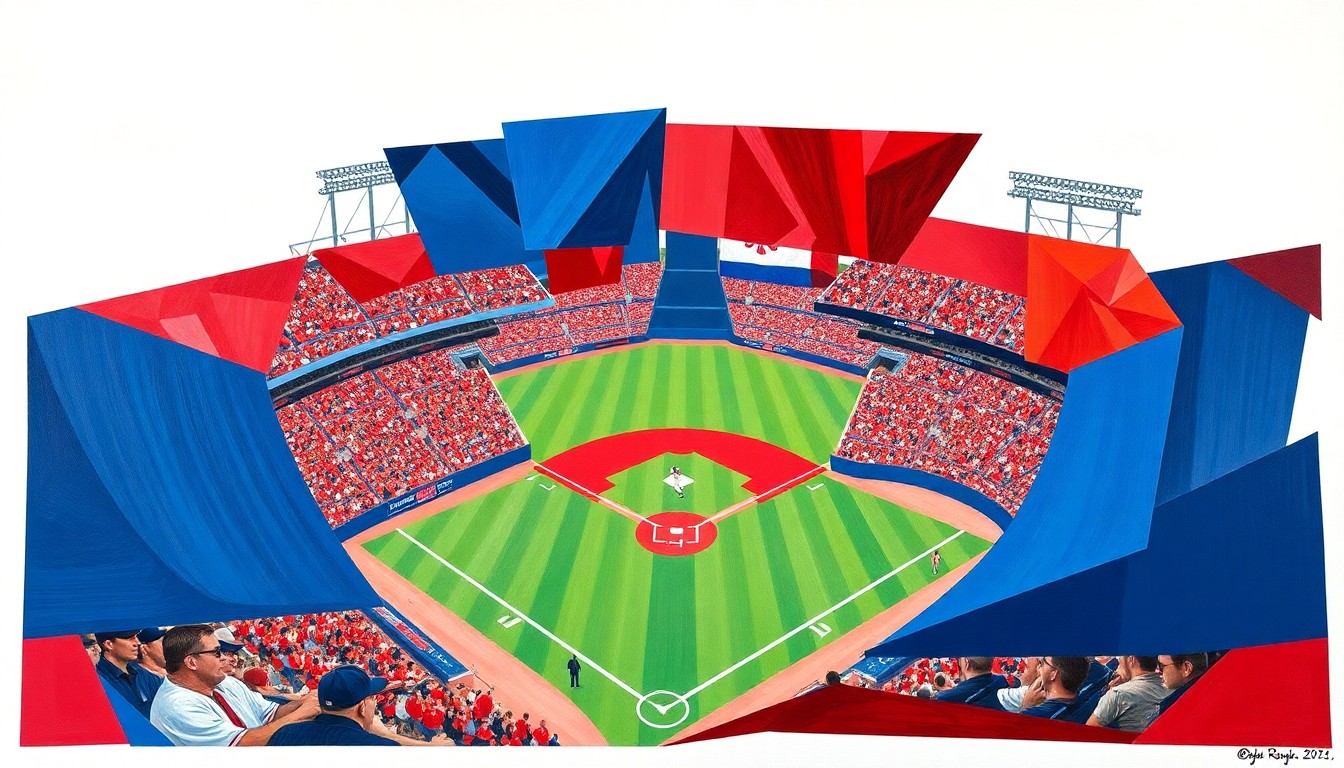 A fractured, cubist-style painting depicting a baseball game, with sharp geometric shapes and planes of color representing the players, field, and action, without any recognizable faces or logos.