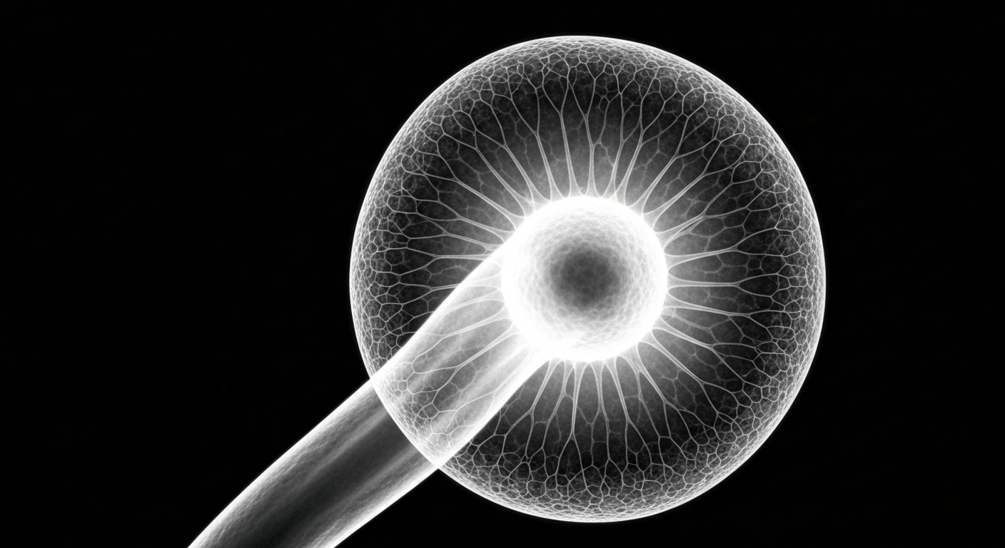A translucent, ghostly X-ray image revealing the detailed internal structure of a fungal spore, conveying the scientific and clinical focus of the story about a new antifungal drug in development.
