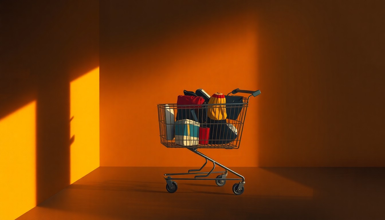 A solitary shopping cart filled with personal belongings sits on a dimly lit city street, casting long shadows in the warm, golden light, conveying a sense of isolation and the struggle of homelessness.