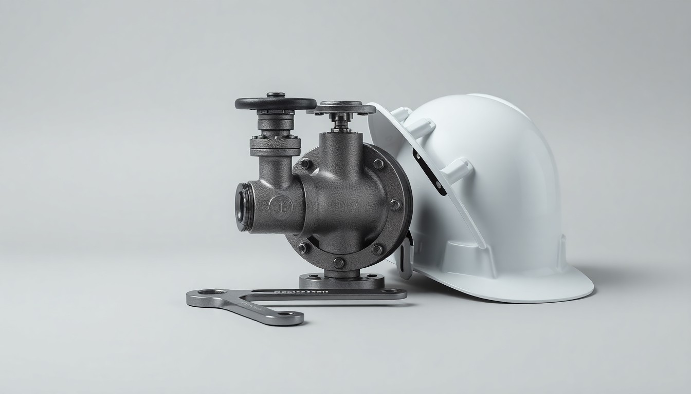 A minimalist studio photograph featuring a polished metal gas pipeline valve, a wrench, and a hard hat arranged elegantly on a clean, monochromatic grey background, conceptually representing the infrastructure upgrades coming to Clawson.