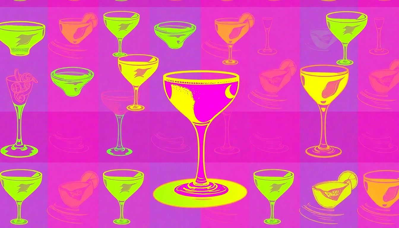 A brightly colored, high-contrast silkscreen print of a single, iconic Birmingham bar or restaurant item such as a cocktail glass or plate of food, repeated in a tight grid pattern with flat, vibrant neon colors and heavy black outlines, conceptually representing the city's thriving hospitality industry.