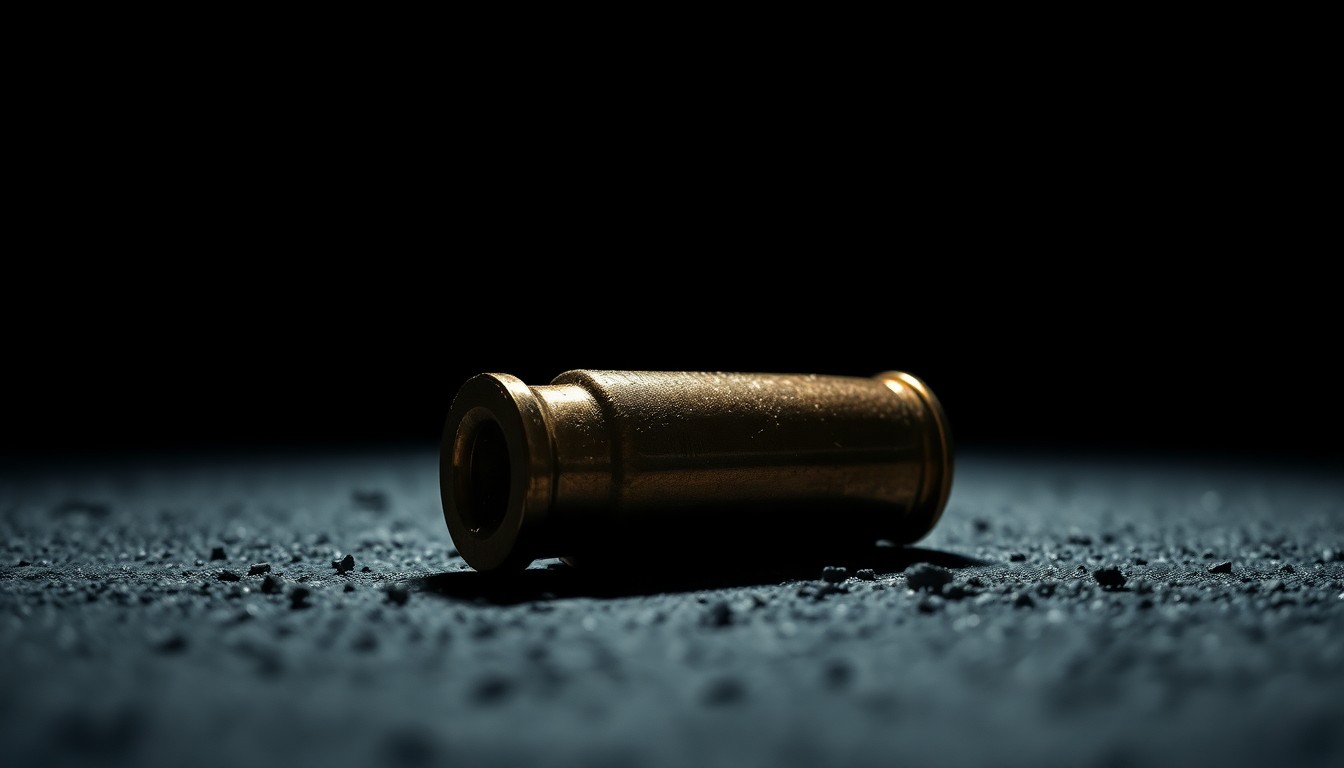 An extreme close-up photograph of a spent bullet casing on the ground, the metallic texture and dramatic shadows creating a stark, gritty, investigative aesthetic.