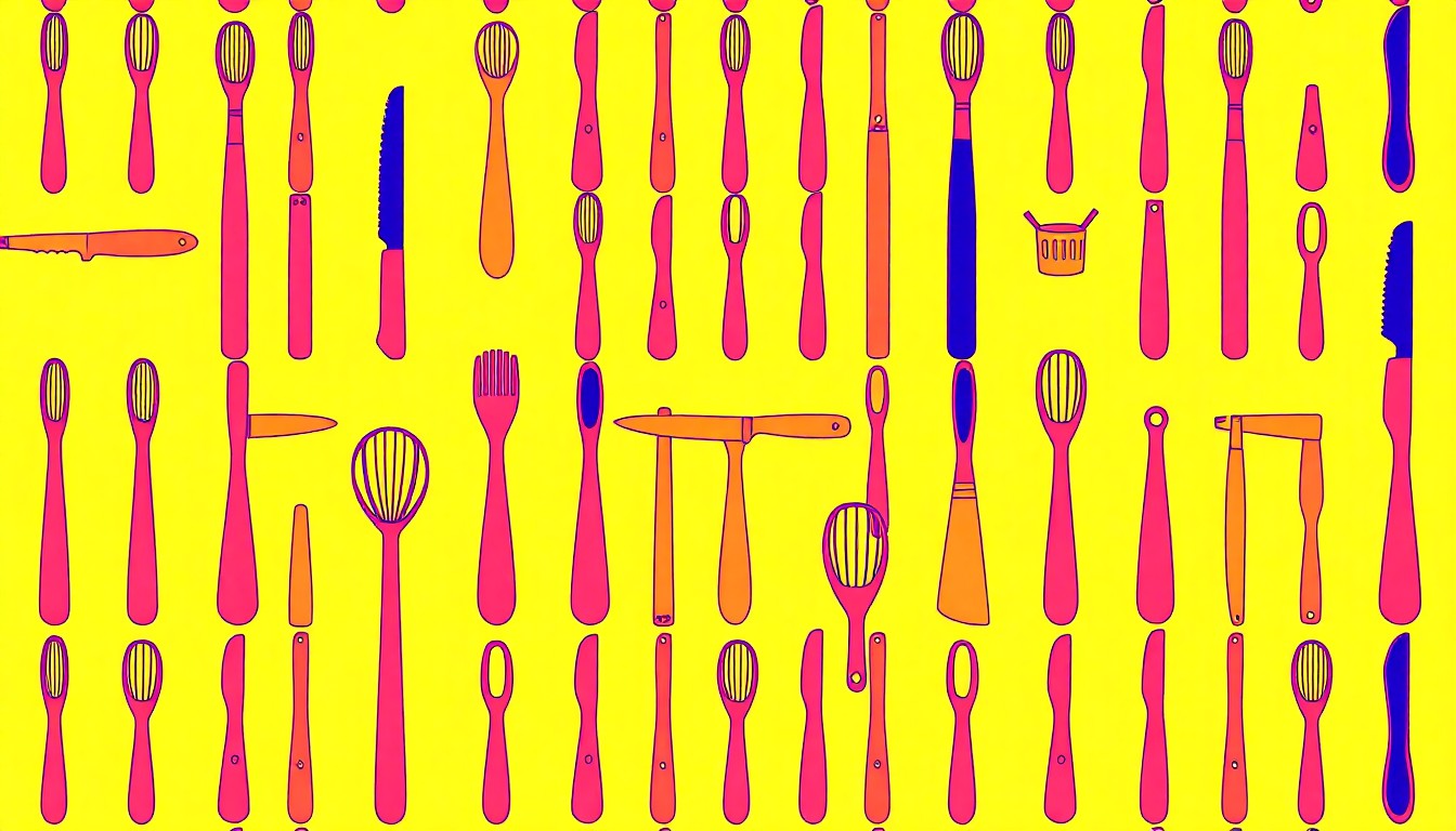 A brightly colored, high-contrast silkscreen print of a chef's knife repeated in a tight grid pattern, conceptually representing the intense and sometimes abusive culture of fine dining kitchens.
