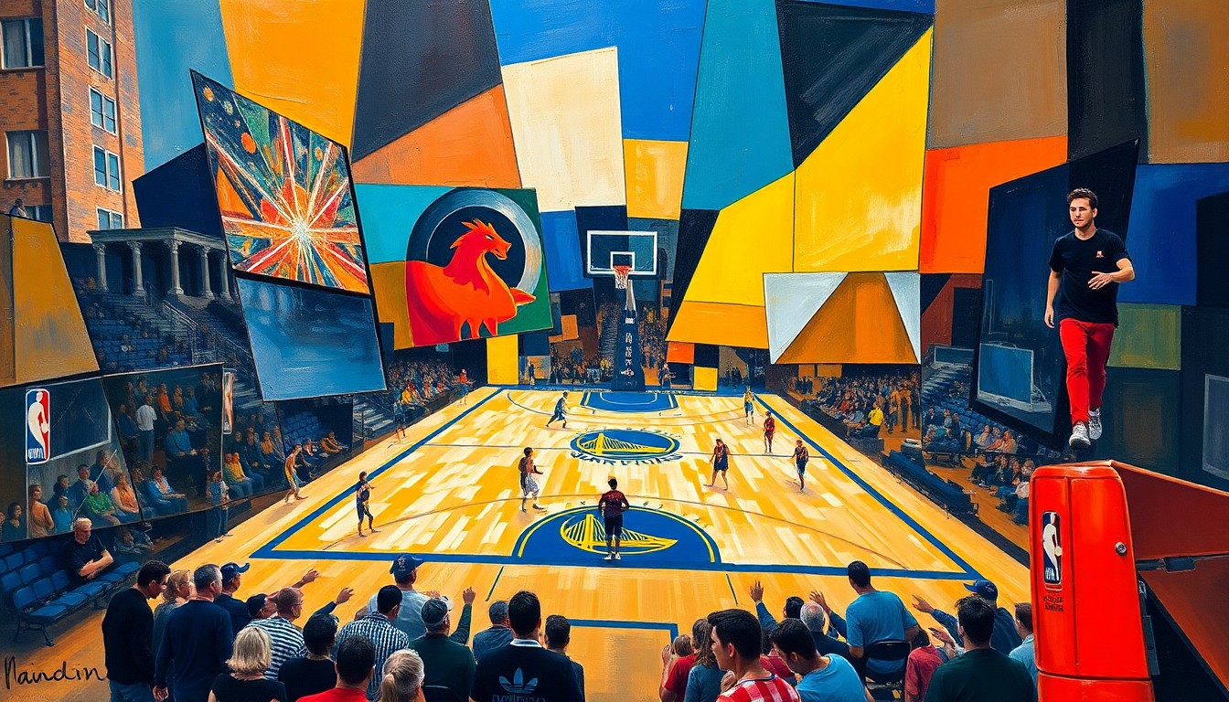 A cubist-style painting depicting a basketball game, with the players and court broken down into overlapping geometric shapes and planes in shades of orange, blue, and gold.