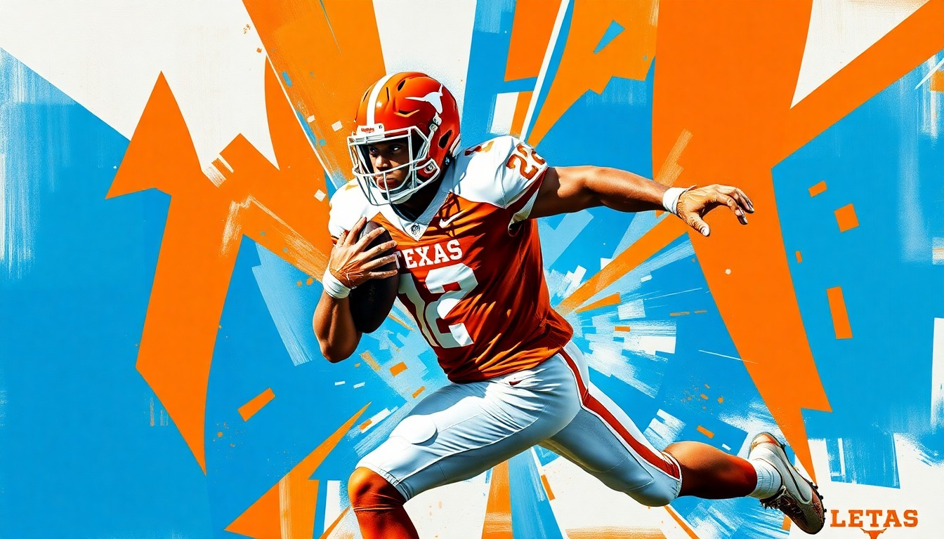 A fractured, multi-perspective painting in bold, vibrant colors depicting the explosive movements and energy of a football player in action, with sharp, overlapping geometric shapes and planes.