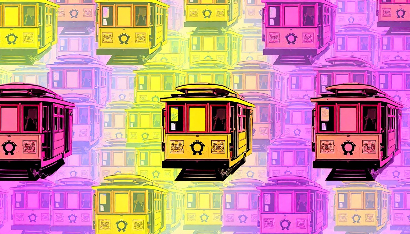A boldly colored, stylized silkscreen illustration of a San Francisco cable car icon repeated in a grid pattern, capturing the celebratory energy and iconic imagery of the 415 Day festival.