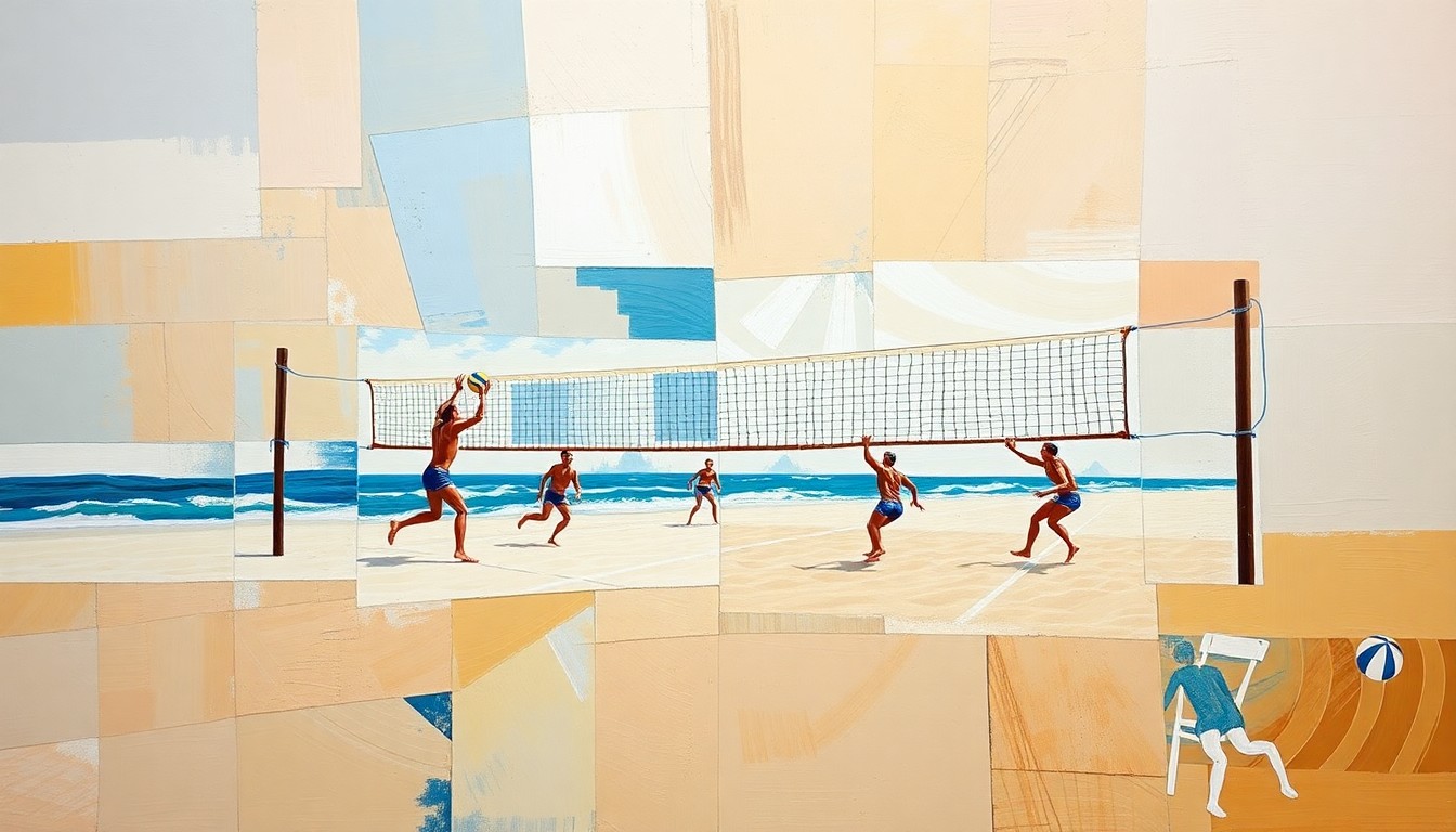 A fragmented, geometric painting depicting the dynamic movements and competitive energy of a beach volleyball match, with players and the court deconstructed into overlapping planes of color and form.