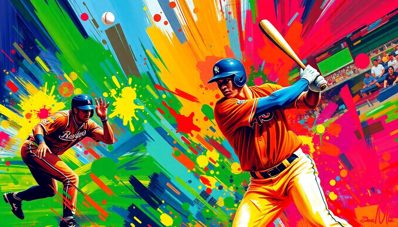 An abstract, energetic painting in vibrant neon colors, with rapid brushstrokes capturing the raw power and explosive momentum of a baseball game, players' forms dissolving into unrecognizable splashes of color.