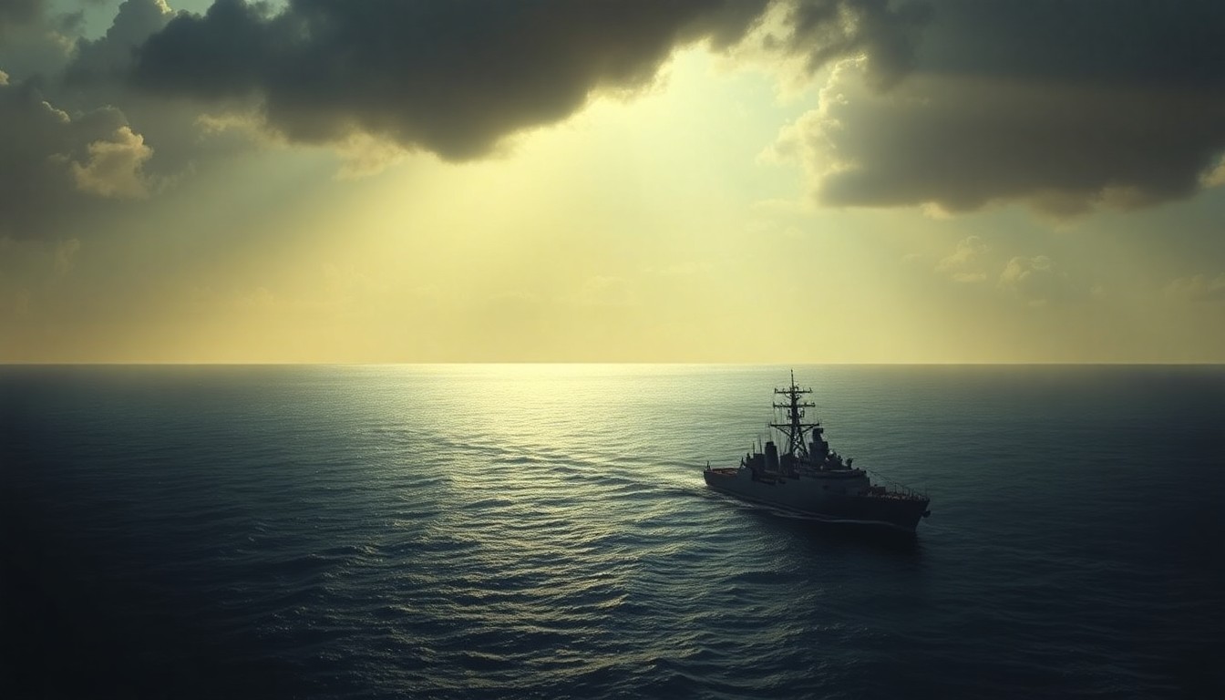 A serene, photorealistic painting of a lone military vessel on the open ocean, with warm sunlight casting dramatic shadows across the hull and deck. The image conveys a sense of quiet contemplation and unease, reflecting the complex political and legal issues surrounding this military action.