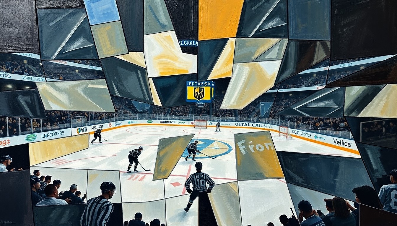 A cubist, geometric painting depicting a hockey game, with players and the rink broken down into sharp, overlapping shapes and planes in a vibrant color palette, capturing the dynamic energy of the sport.