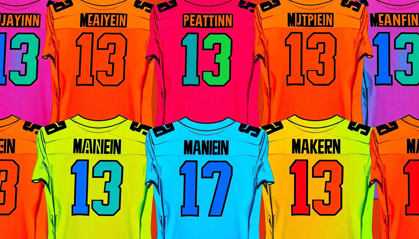 A bold, colorful silkscreen-style illustration featuring a Peyton Manning football jersey repeated in a grid pattern, capturing the celebratory spirit of a potential new community development project.