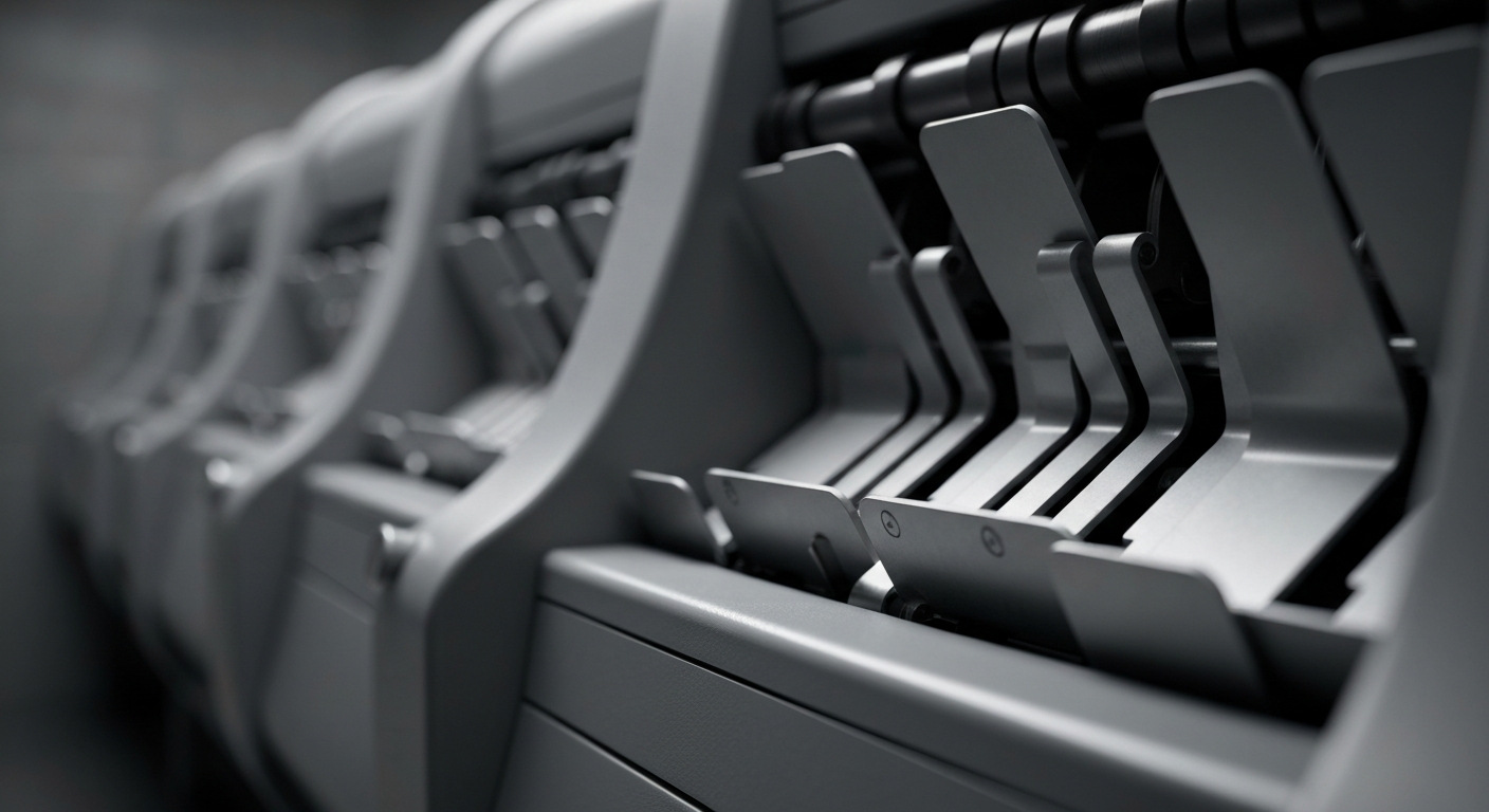 An extreme close-up of intricate, interlocking gears and levers of heavy banking equipment, conveying the complex mechanics that underpin the global financial system.