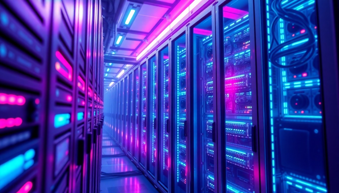 A highly detailed, glowing 3D illustration of a futuristic data center server rack, with neon cyan and magenta lights illuminating the complex hardware components, conceptually representing the scale and power of cloud infrastructure driving digital transformation.