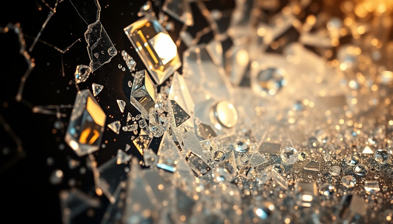 An abstract close-up photograph featuring shards of shattered glass and glittering gemstones, conveying the luxurious yet dangerous world of art theft at the center of the new Thomas Crown Affair film.