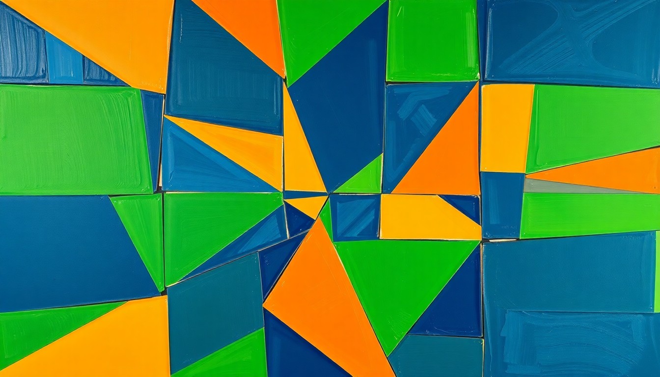 A fragmented, geometric painting depicting the energy and movement of the Padres' 9th inning comeback, with overlapping planes of bright green, navy blue, and orange.