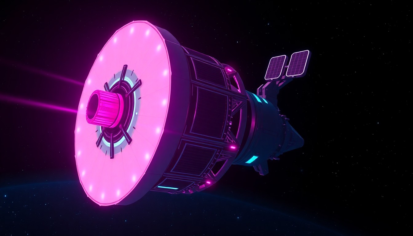 A highly detailed 3D illustration of a next-generation missile warning satellite, with its sensors and antennas glowing with neon cyan and magenta lights against a dark, starry background, conveying the advanced, powerful, and technologically sophisticated nature of this defense system.