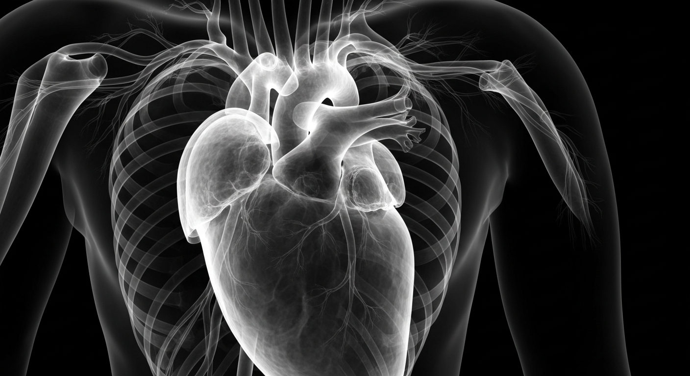 A translucent X-ray photograph revealing the intricate structure of the human heart and blood vessels, conceptually representing the interconnected nature of the body's systems.